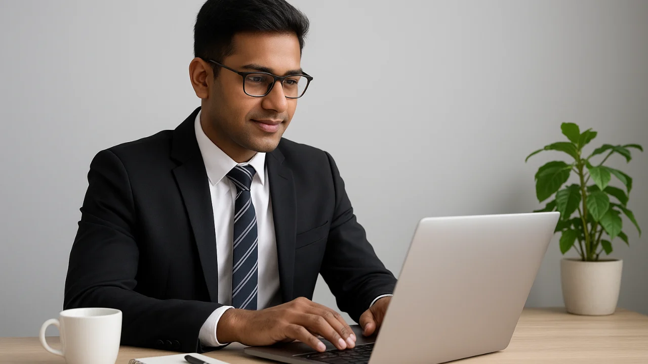 Young professional working on laptop at desk