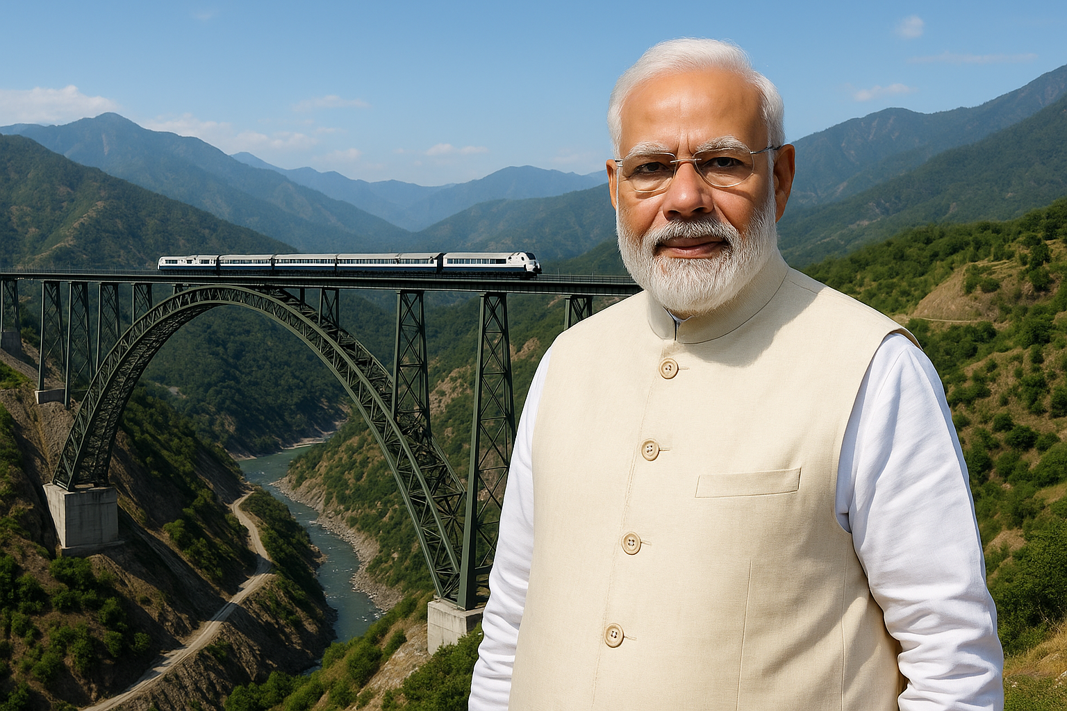 Prime Minister Narendra Modi with a railway bridge in Jammu & Kashmir