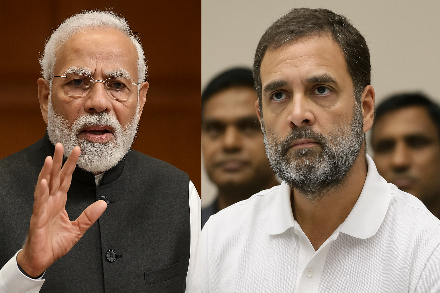 PM Modi and Rahul Gandhi in contrasting expressions