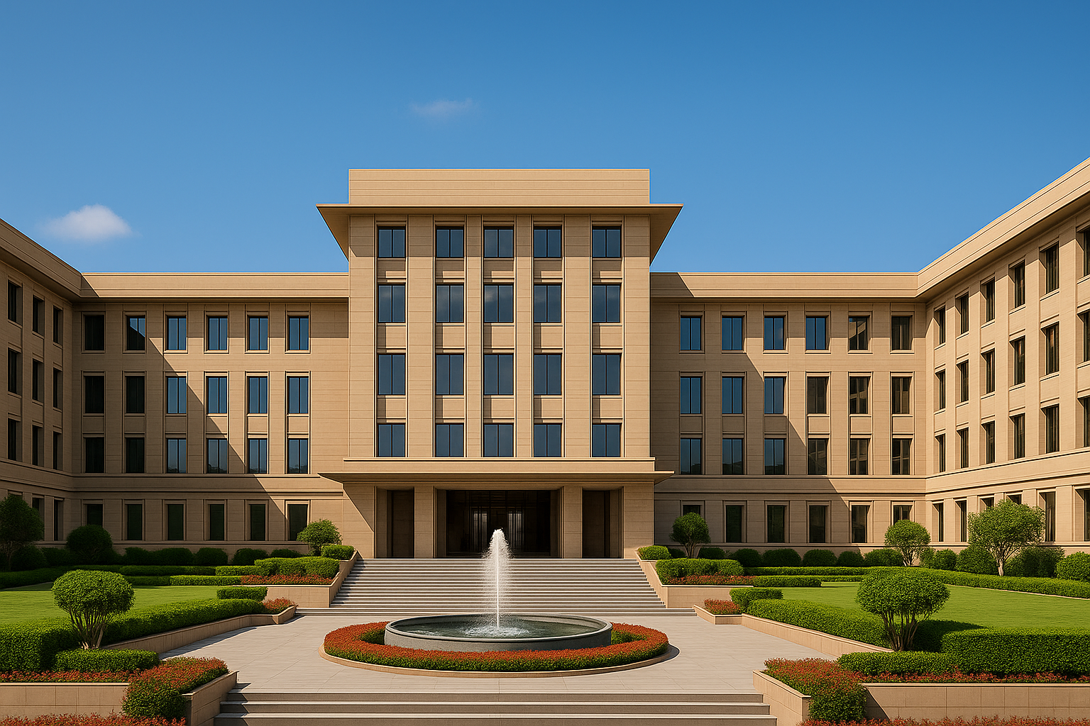 Modern Indian government building with fountain and greenery