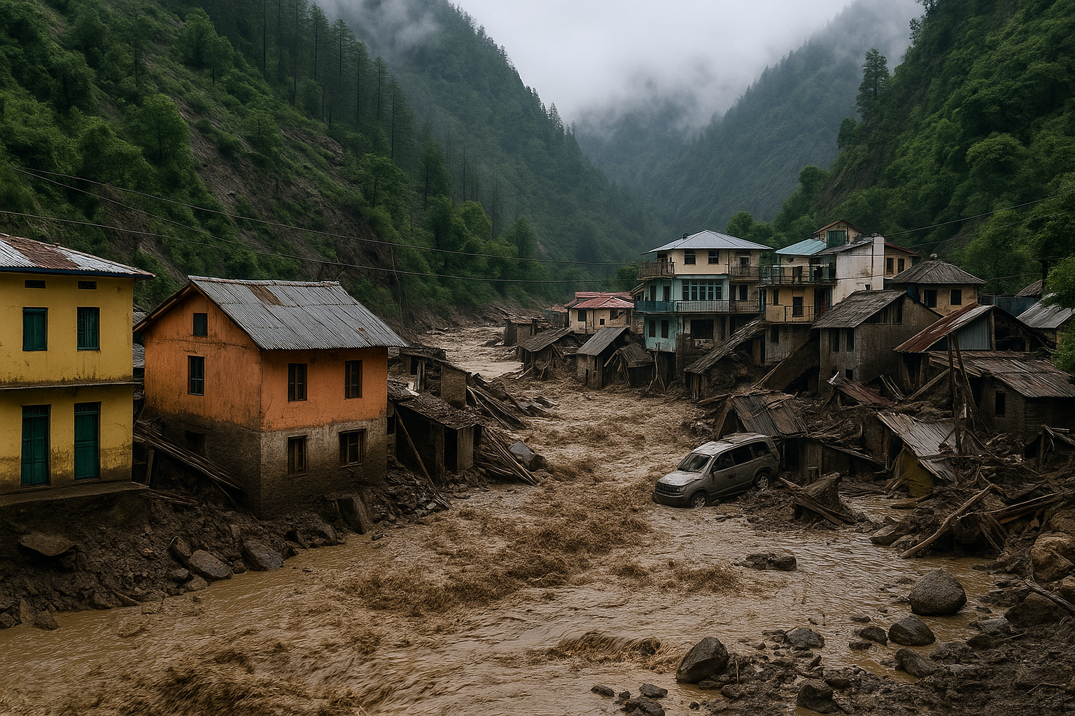 Landslide and flood aftermath in a mountain village