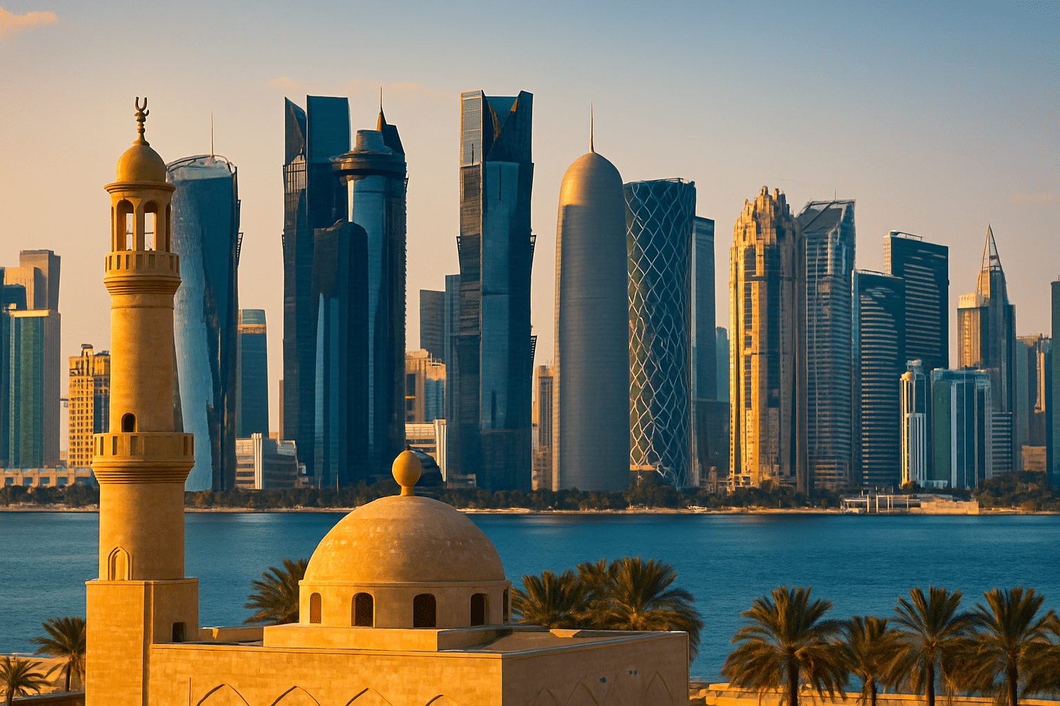 Traditional mosque with Doha skyline in the background