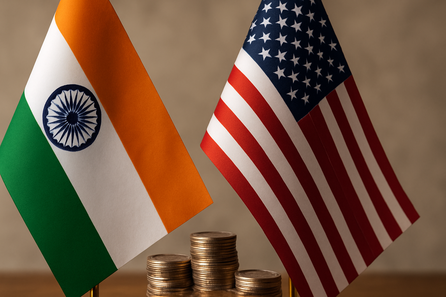 Indian and American flags with coin stacks symbolizing trade relations