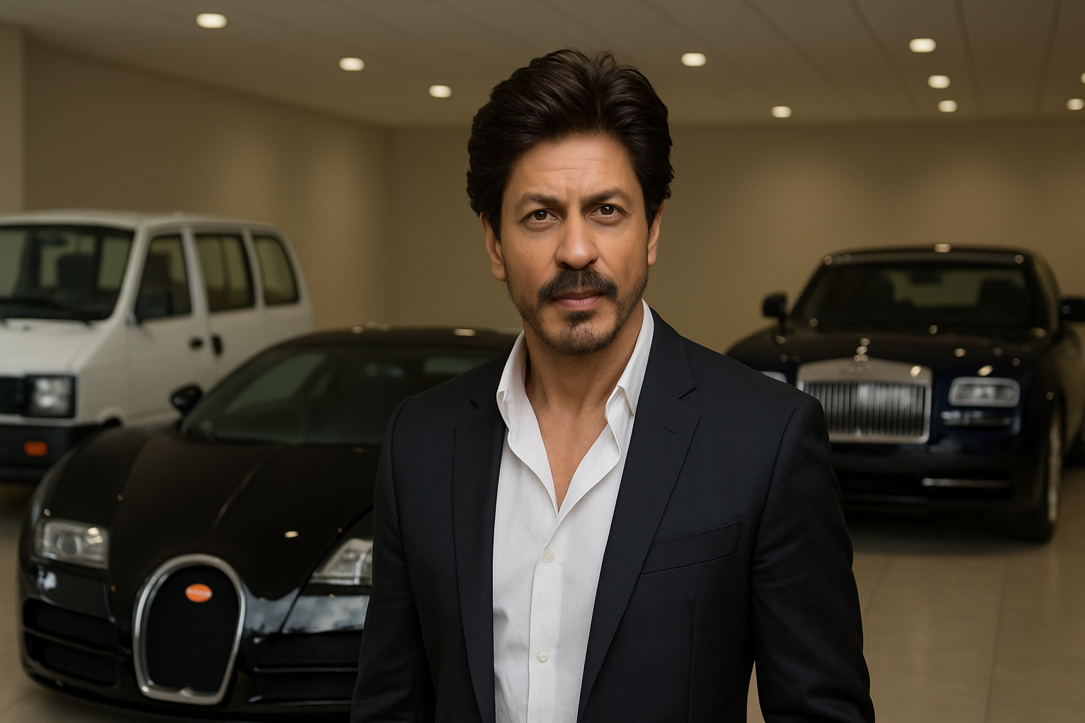Shahrukh Khan standing near a luxury car outside his mansion