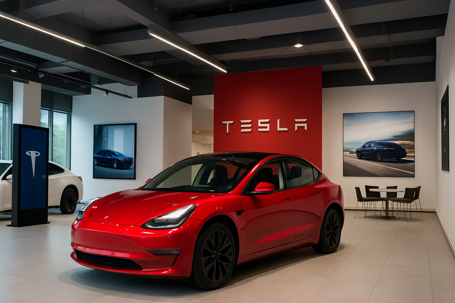 Tesla car outside modern showroom in India