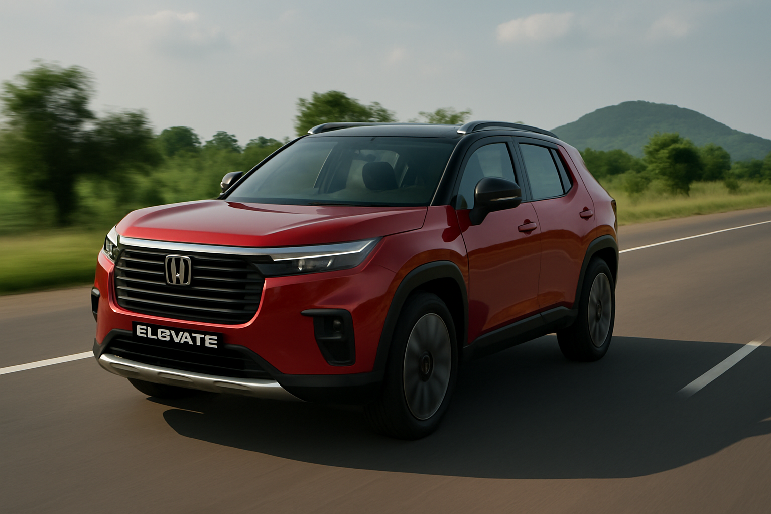 Front view of a sleek Honda Elevate SUV in an urban setting