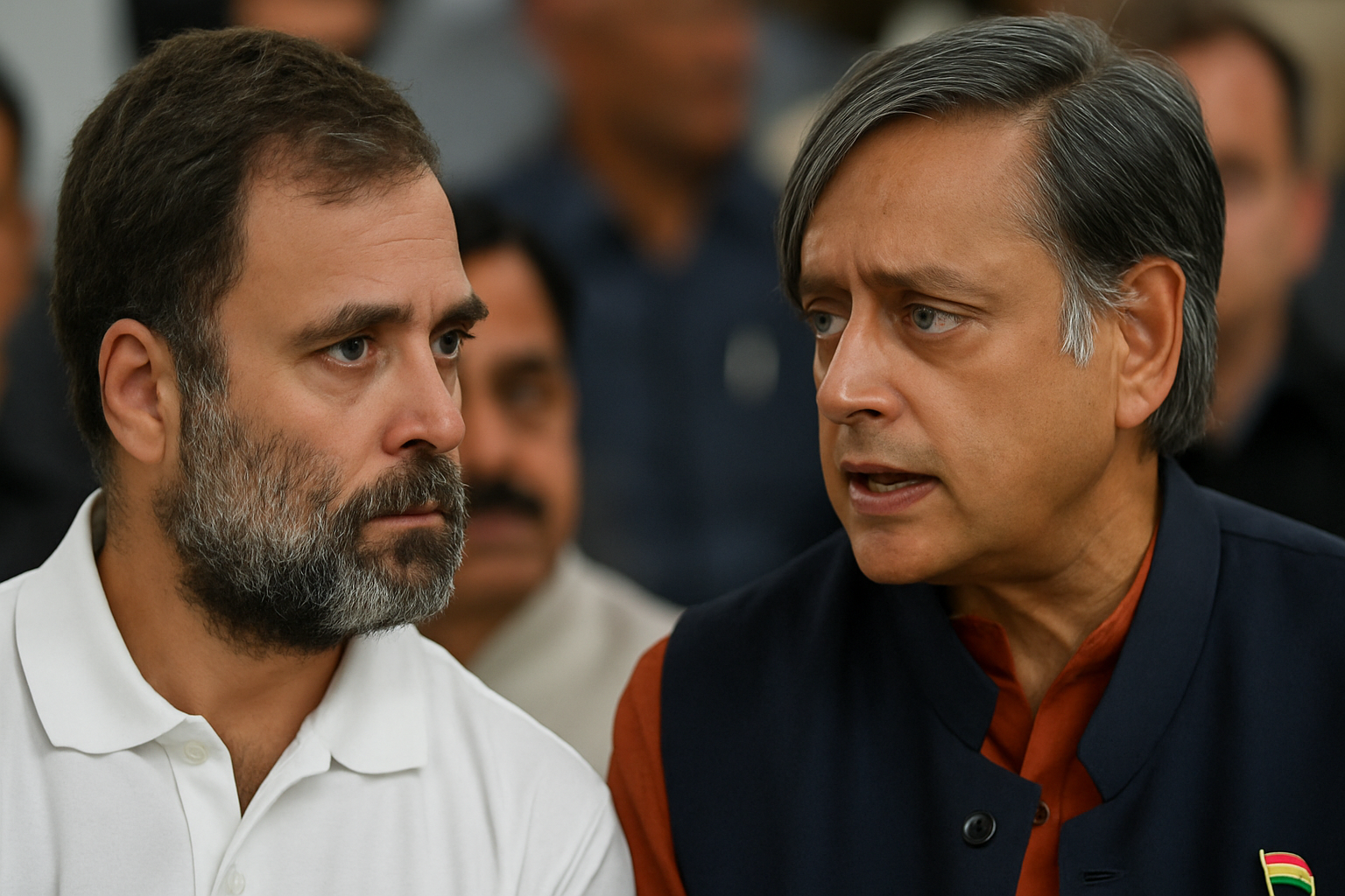 Rahul Gandhi and Shashi Tharoor in a serious conversation at a political event.