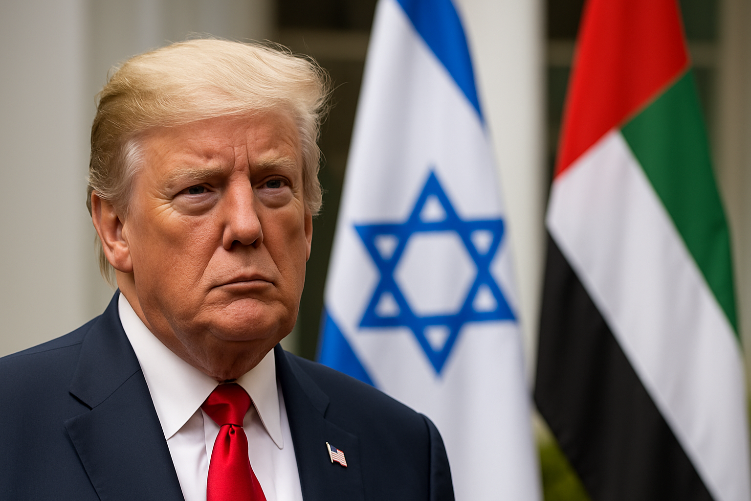 Donald Trump with Israeli and UAE flags in the background during Abraham Accords context.
