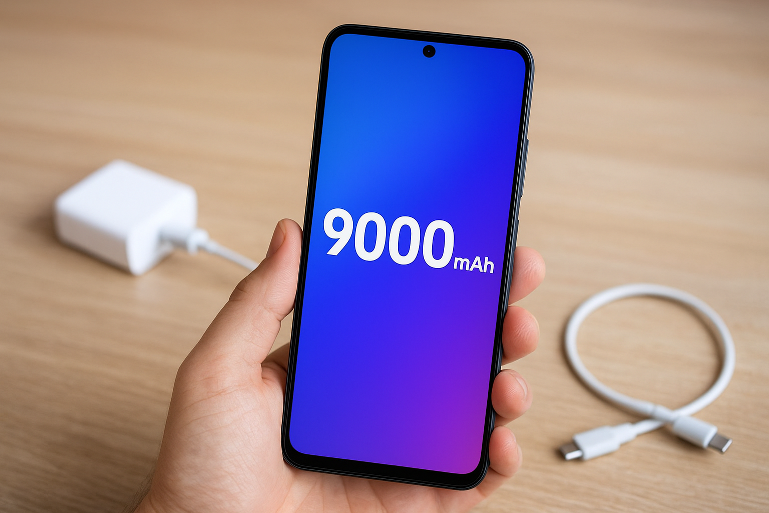 Redmi smartphone with large battery on a sleek table.