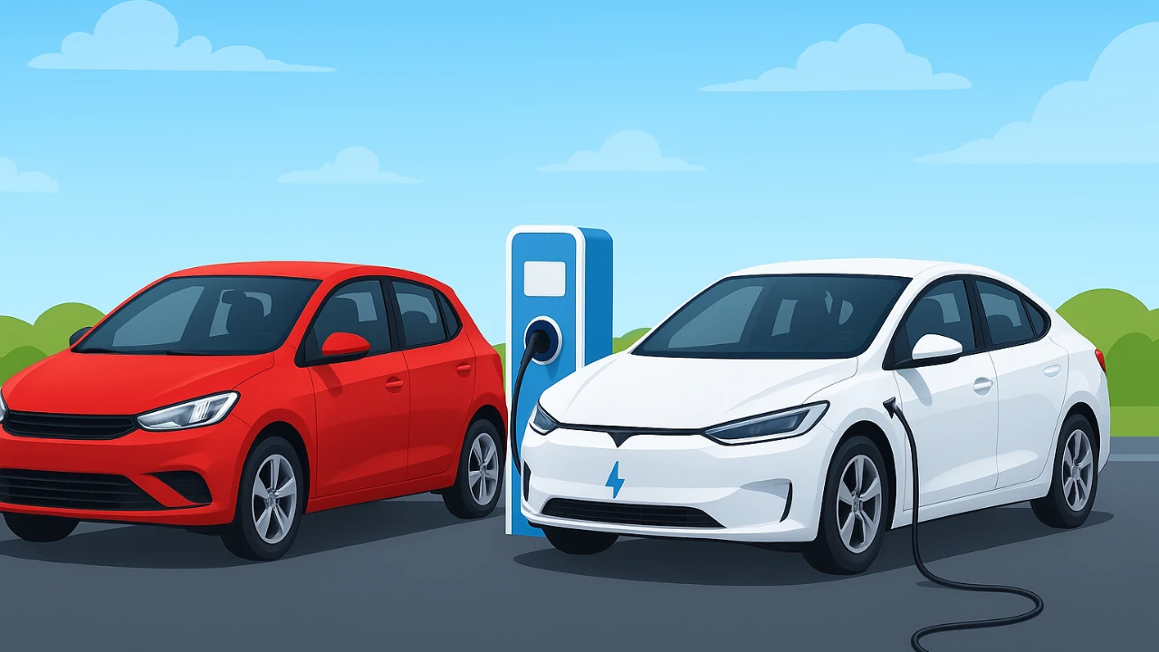 Electric car charging at station beside a red hatchback
