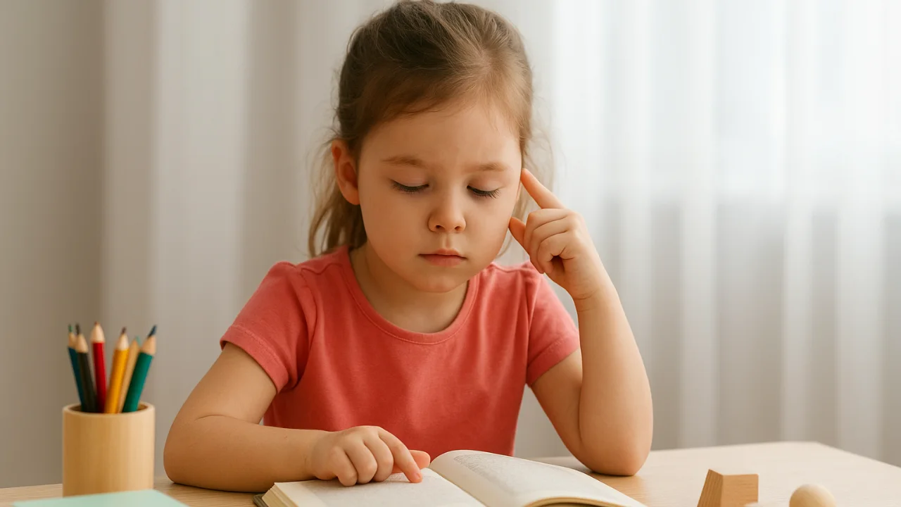 Child focusing on reading a book at home