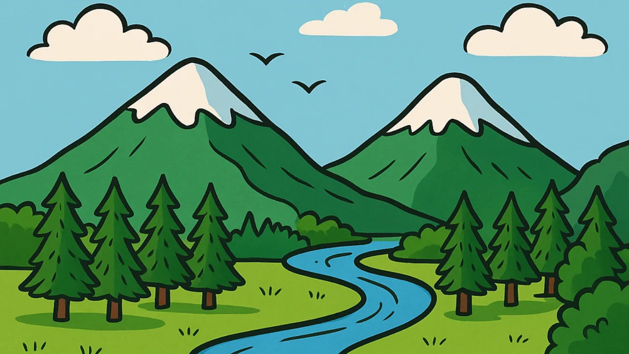 Illustration of Ganga river flowing with mountains and forest
