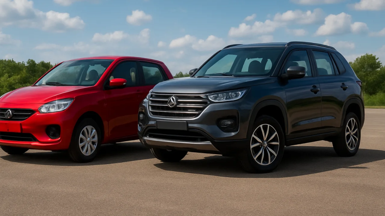 Red hatchback and gray SUV side by side on road