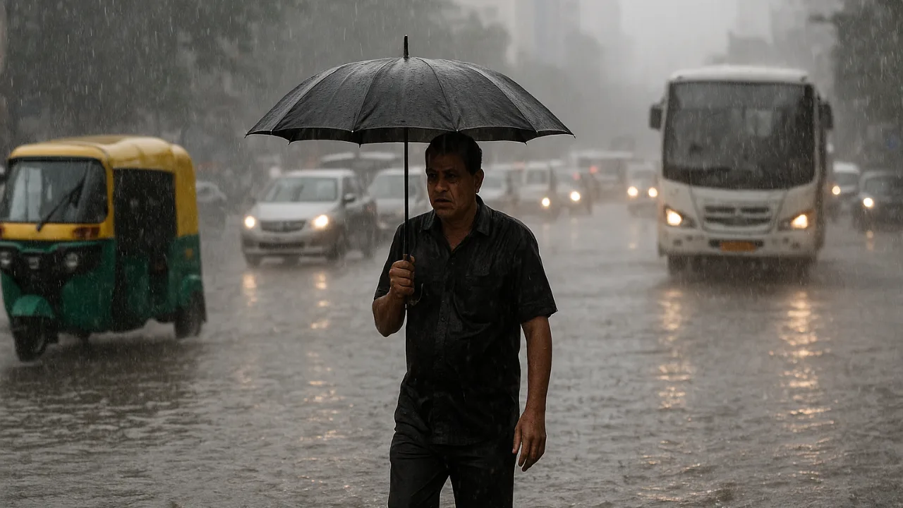 Man walking with umbrella on flooded city street during heavy rain