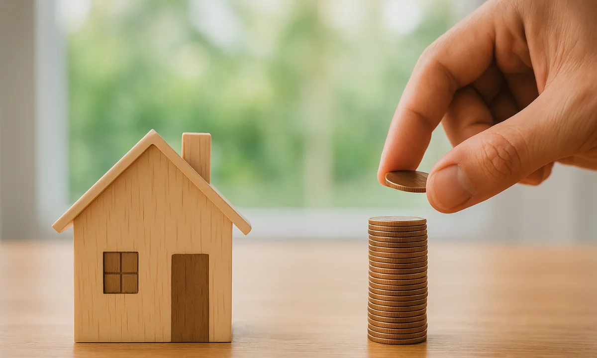 Wooden house model with stacked coins and hand placing a coin