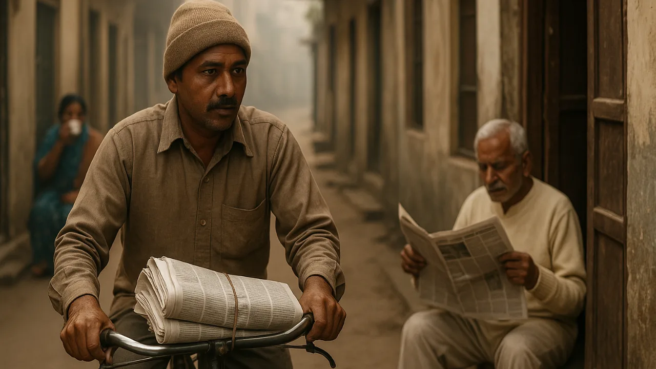 Newspaper delivery boy earning from distributing newspapers in India