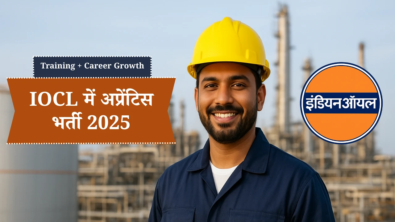 Modern office building with Indian Oil recruitment theme