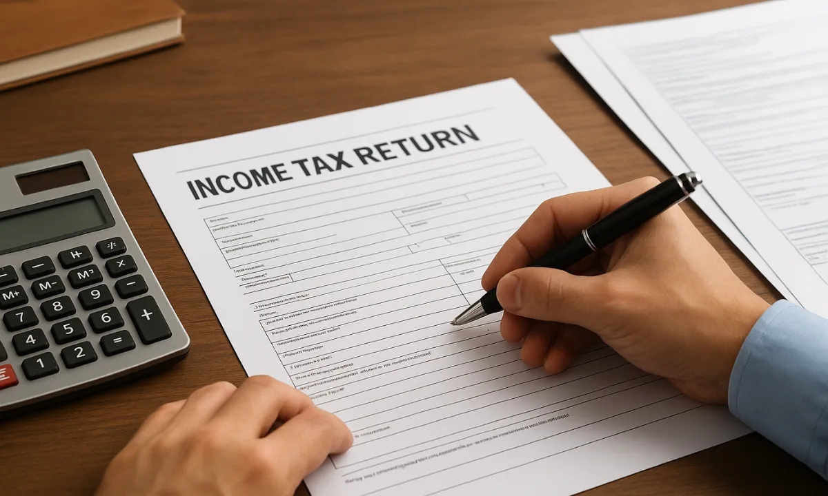 Person filling income tax return form with calculator on desk