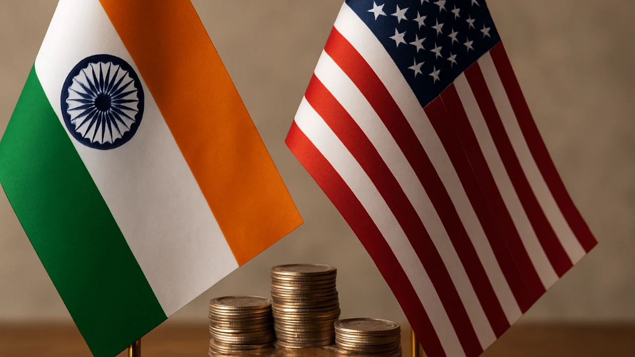 Indian and American flags with coin stacks symbolizing trade relations