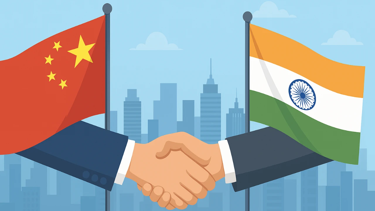 India and China flags with handshake symbolizing cooperation