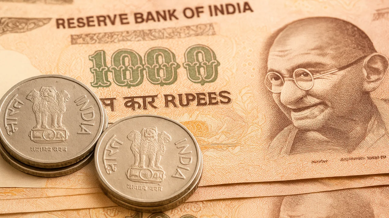 Indian rupee notes with coins close-up