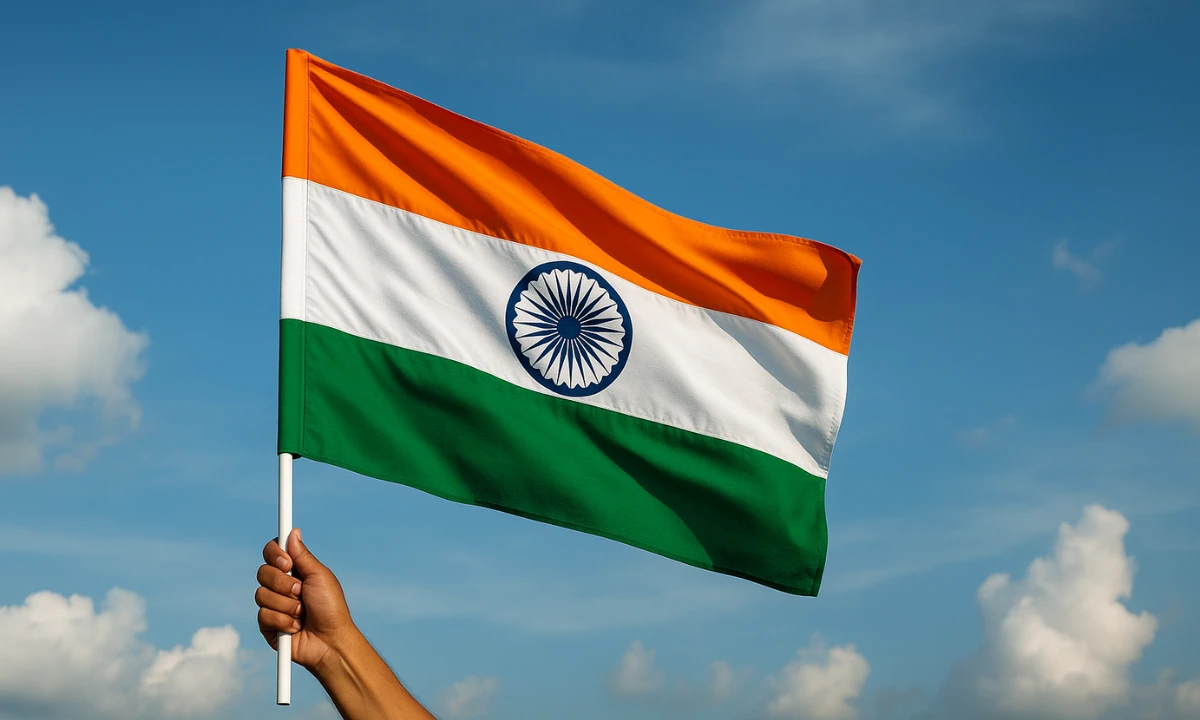 Indian national flag waving in the wind on a bright day