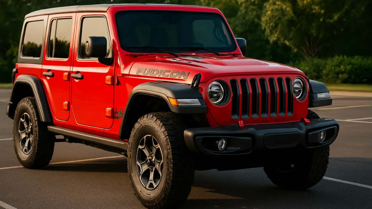 Red Jeep Wrangler Rubicon parked outdoors in sunlight