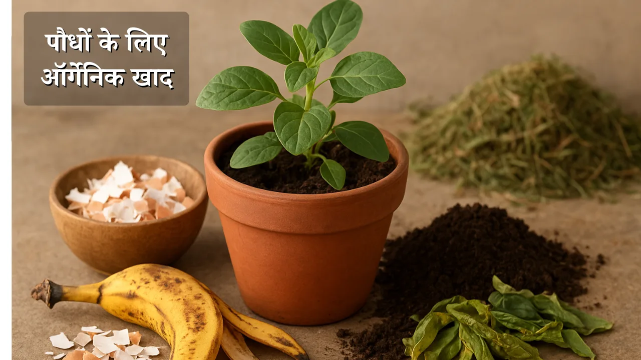 Potted plant with banana peel, eggshells, and compost as natural fertilizer