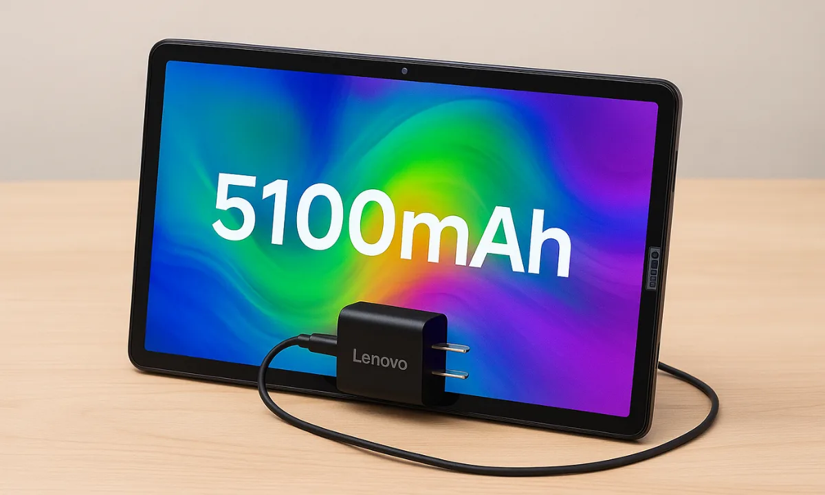 Lenovo tablet with charger connected and 5100mAh display