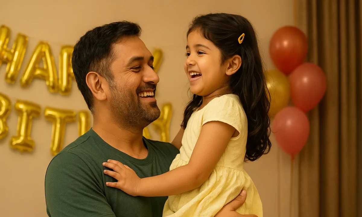 MS Dhoni holding a little girl during birthday celebration