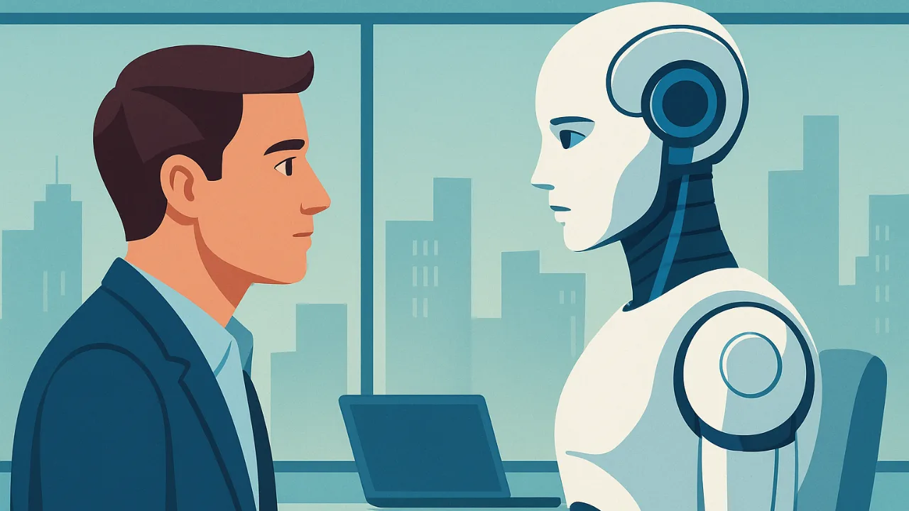 Human and AI robot facing each other in a modern office