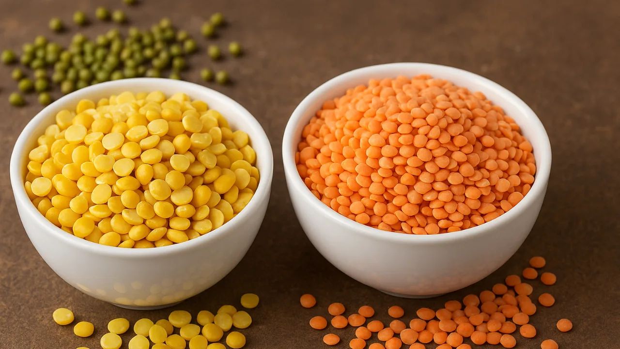 Bowls of yellow split mung dal and red lentils on a rustic surface
