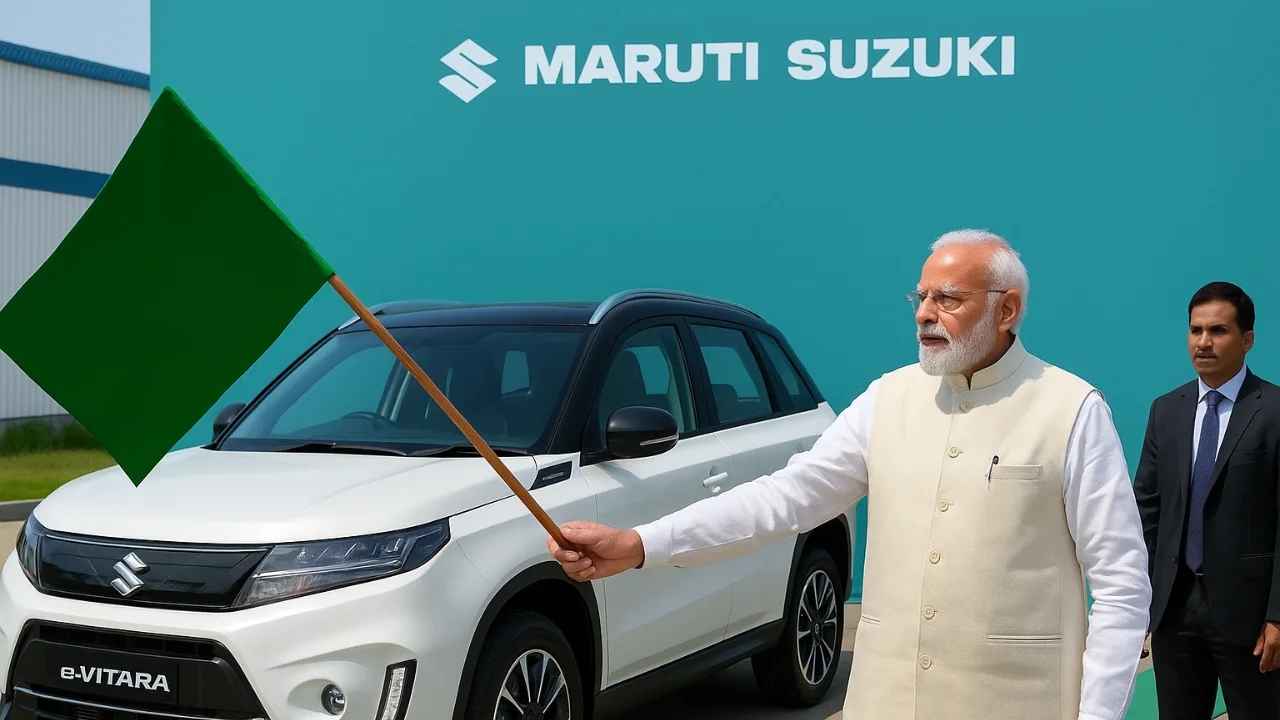 PM Modi with Maruti Suzuki e-Vitara electric SUV