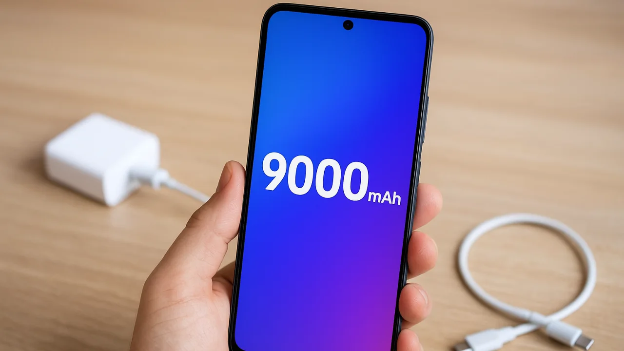 Redmi smartphone with large battery on a sleek table.