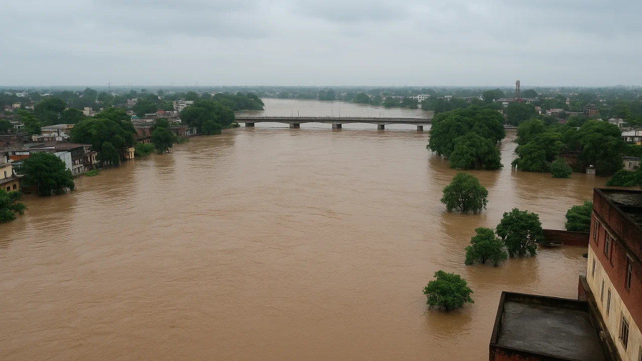 Flooded river overflowing into city areas with submerged trees and bridge