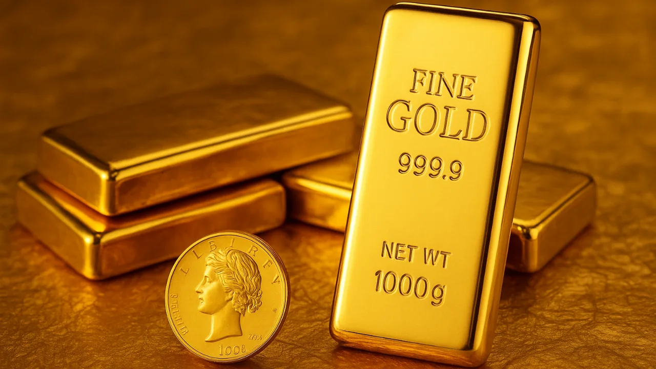 Gold bars and a gold coin on golden background