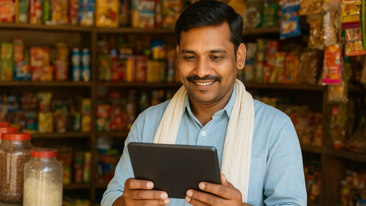Shopkeeper using tablet in grocery store
