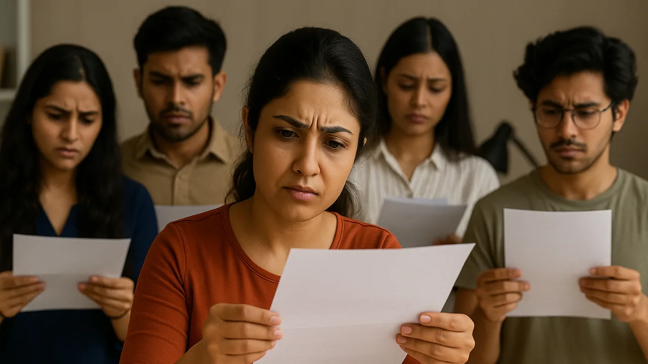 Woman checking exam result paper with serious expression