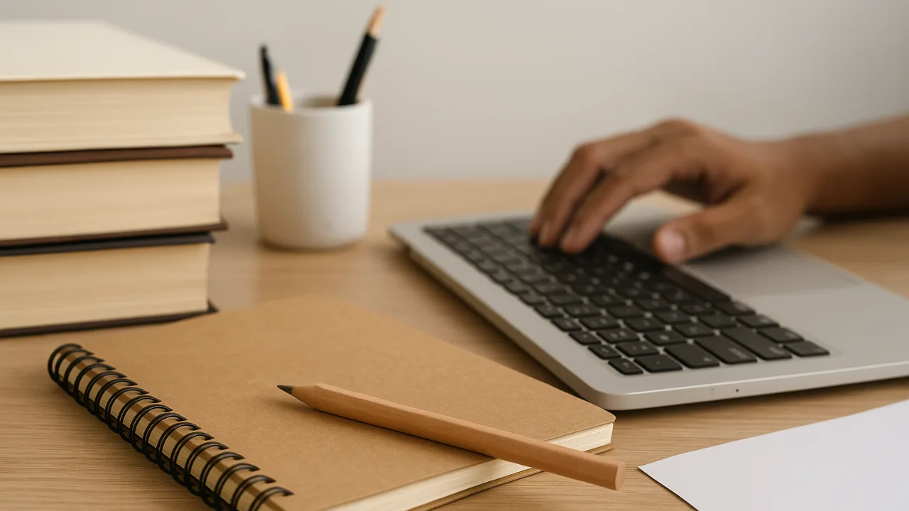 Study desk with books, notebook, pencil, and laptop in use