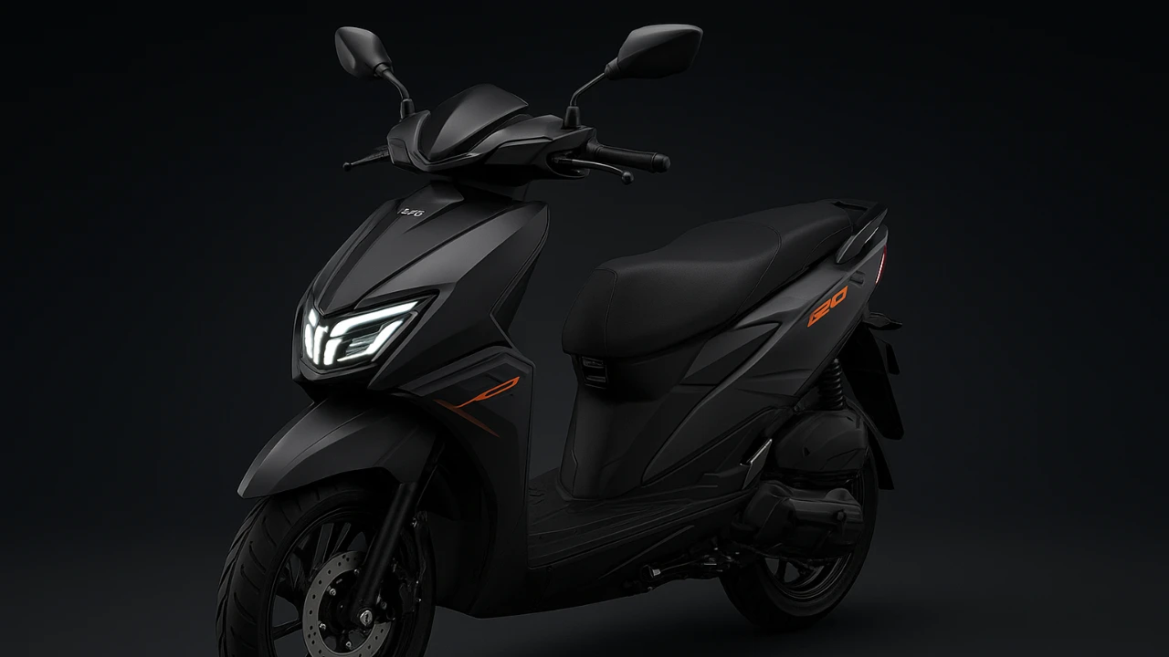 TVS Ntorq 150 scooter front three-quarter view in matte black with LED headlights