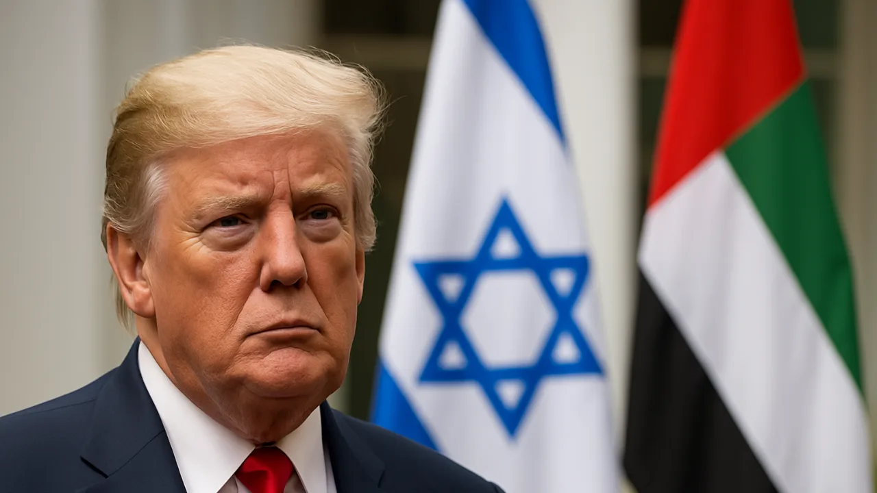 Donald Trump with Israeli and UAE flags in the background during Abraham Accords context