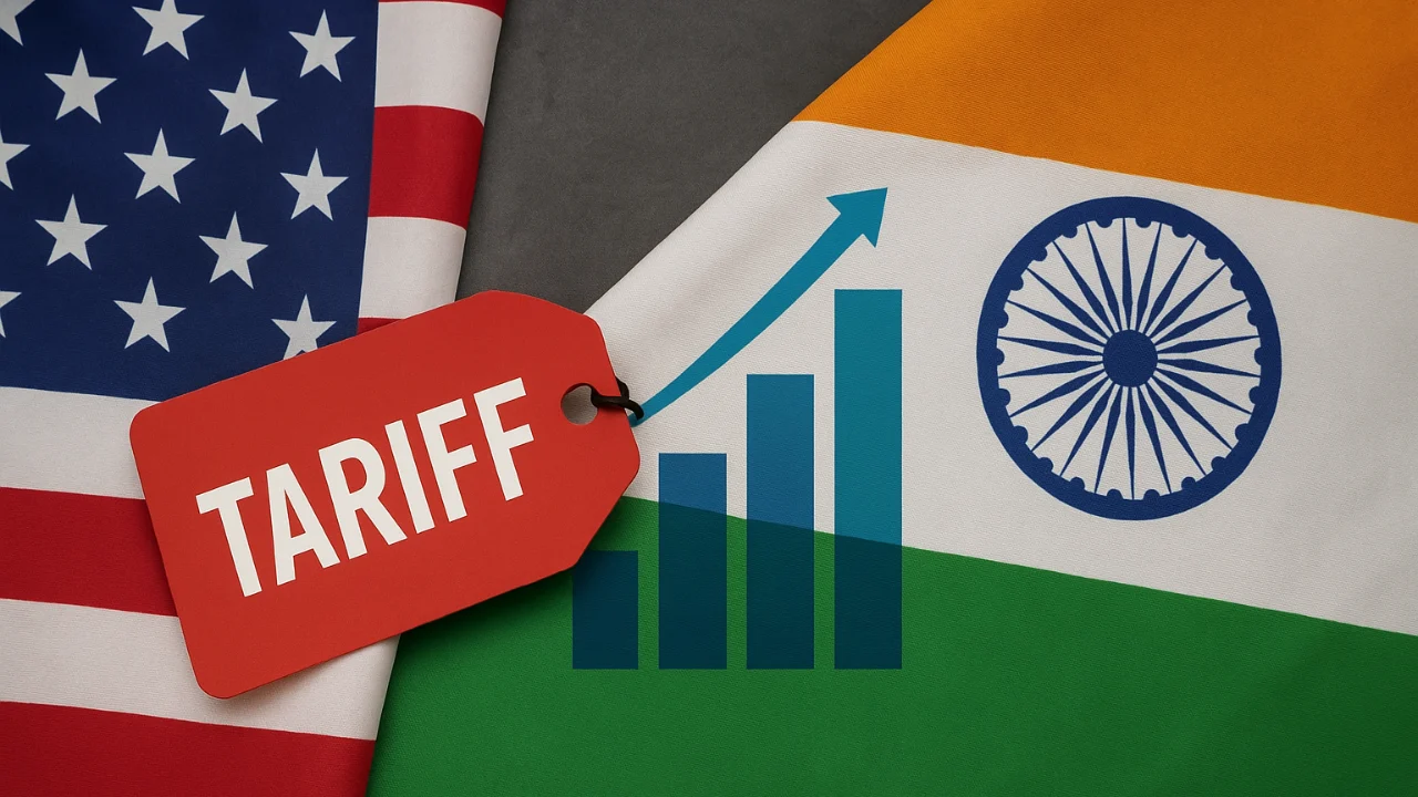 US and India flags with tariff impact concept illustration.