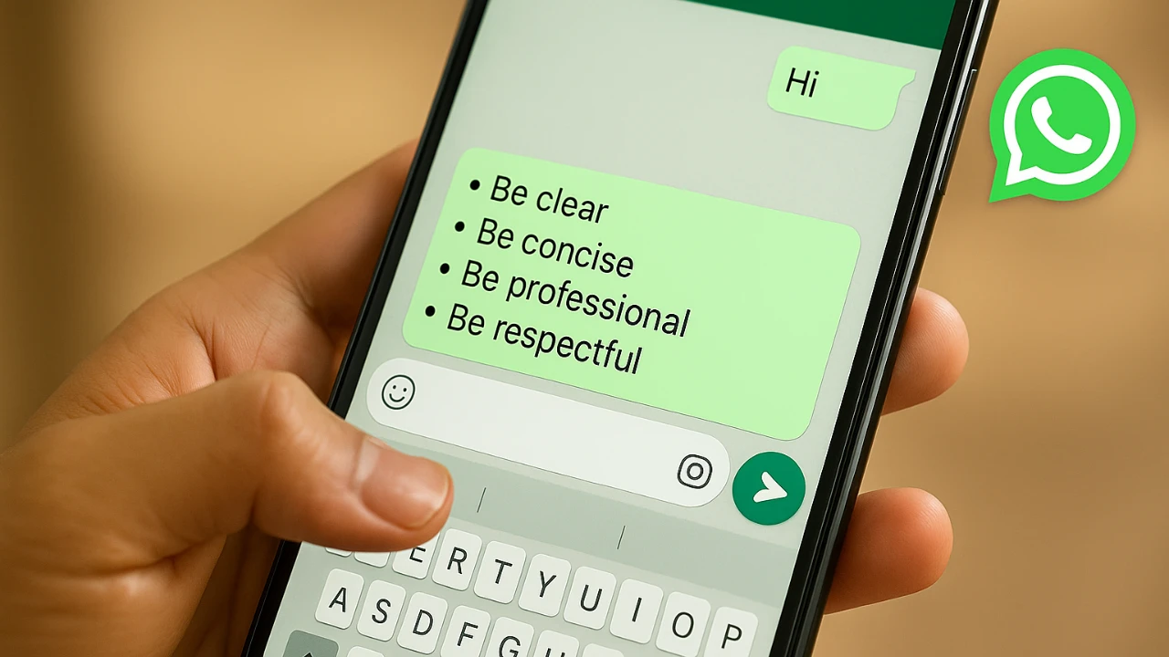 Hand holding smartphone showing WhatsApp chat with logo