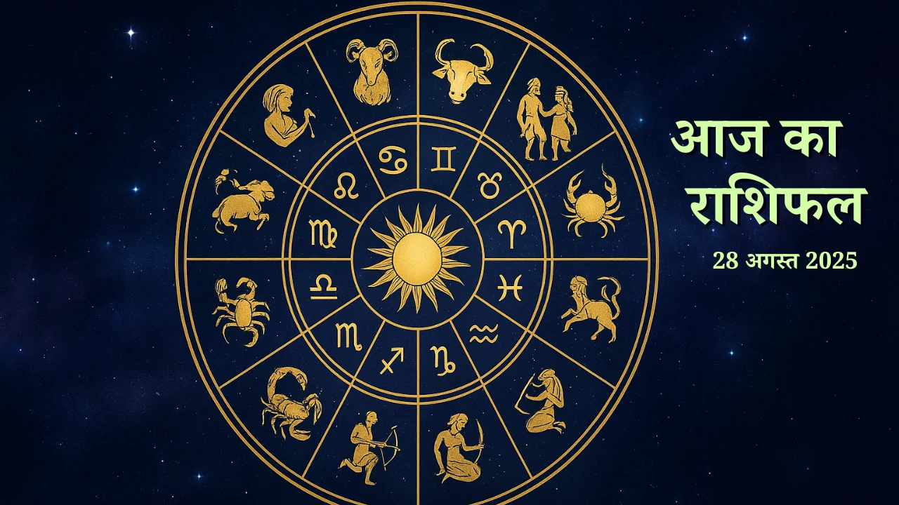 Golden zodiac wheel with astrological signs on a cosmic background