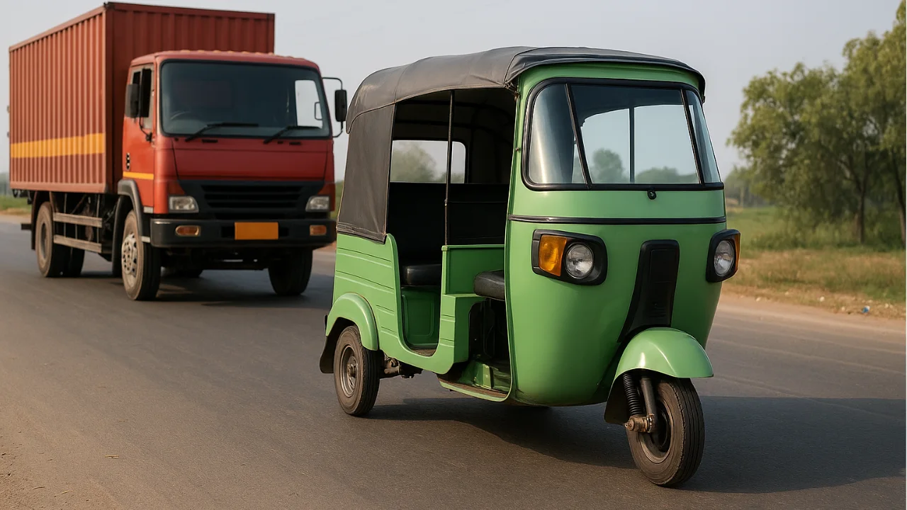 Green auto-rickshaw and red truck on an open road