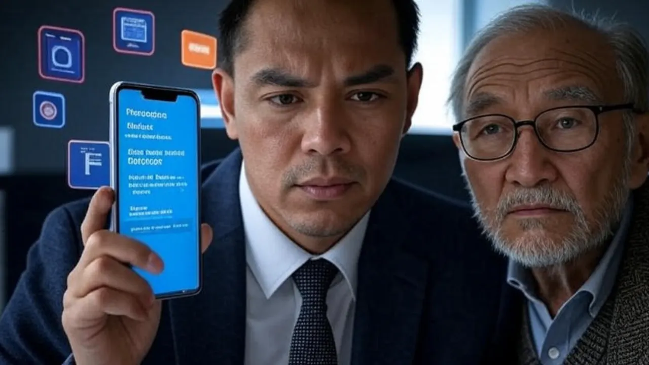 A man in a suit holding a smartphone with app icons, next to an older man in a jacket, both looking concerned in an office setting