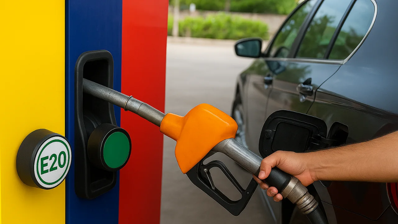 Hand refueling car with E20 petrol nozzle