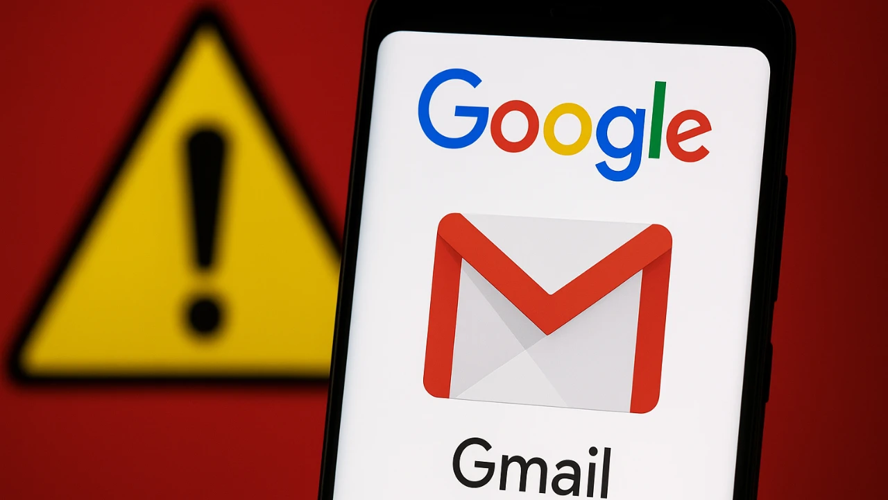 Smartphone showing Gmail app with Google logo and warning sign in background