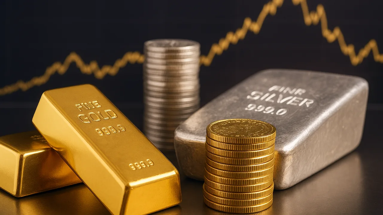 Gold bars, silver bar, and stacked coins with market chart background