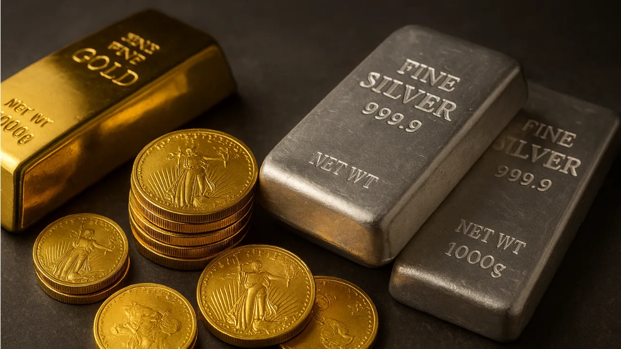 Gold bars and coins with silver bullion